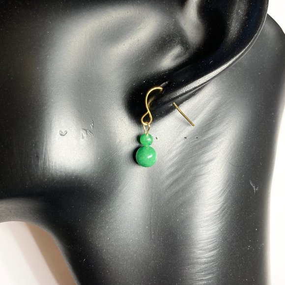 Green Jade Stone Earrings Gold Plated Dangle Round Bead Malaysian Dark 4-6mm - Picture 2 of 8